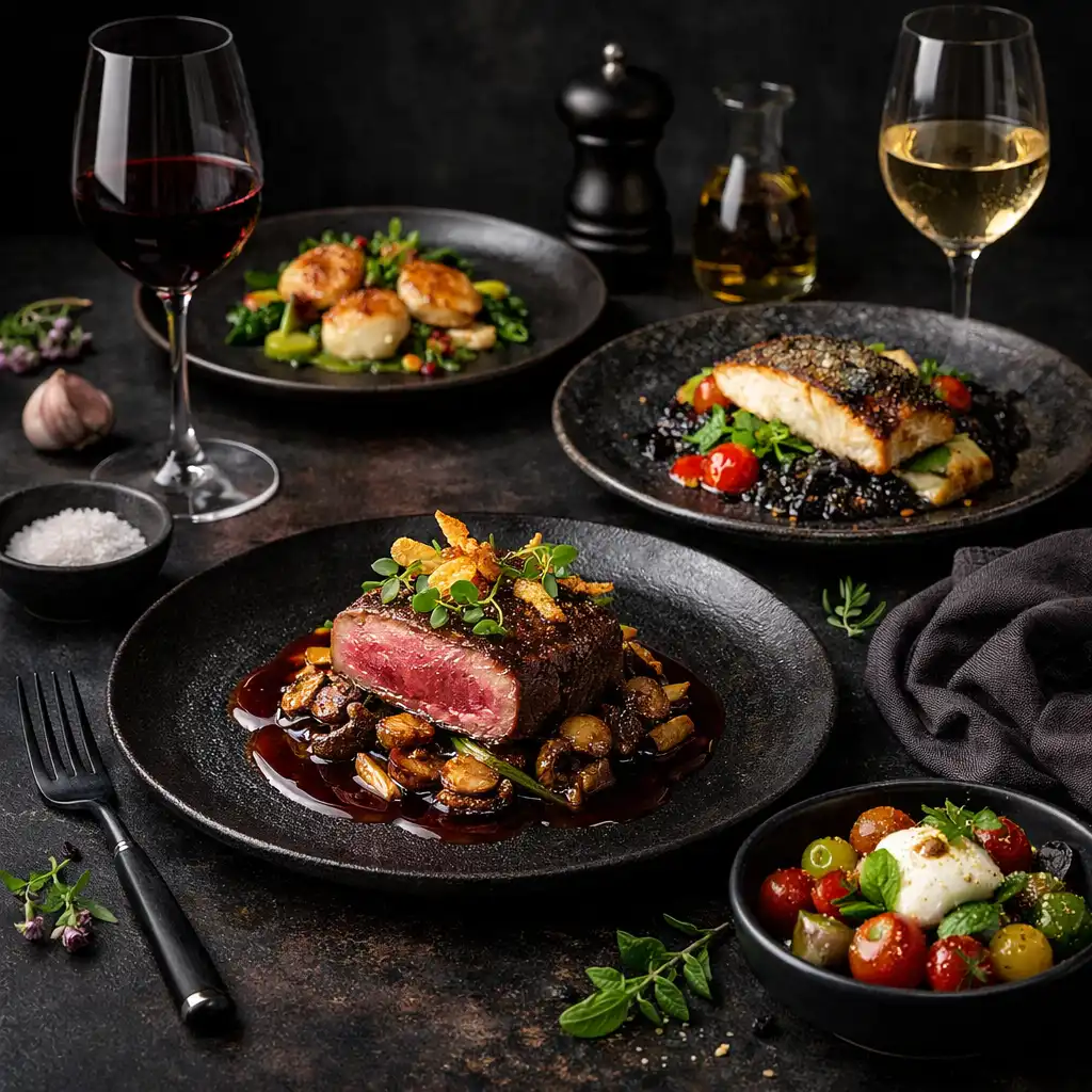 Designové servírování pokrmů v restauraci Městského Klubu na tmavém stole