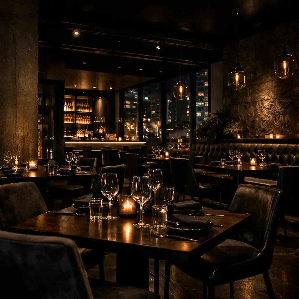 Temně elegantní interiér restaurace Městského Klubu s podsvíceným barem a městskou atmosférou